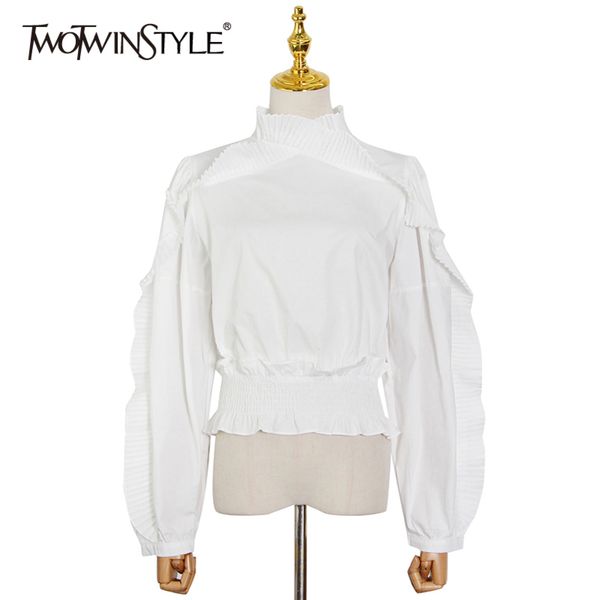 

elegant minimalist shirt for women stand collar puff long sleeve white tunic blouse female fashion clothing 210423