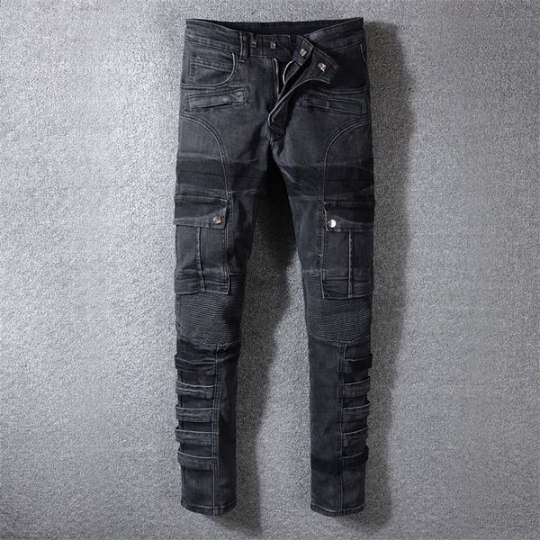 Mode Streetwear Männer Jeans Schwarz Farbe Gespleißt Designer Hohe Qualität Hip Hop Denim Cargo Hosen Große Größe 2942 Biker Jeans männer T200614