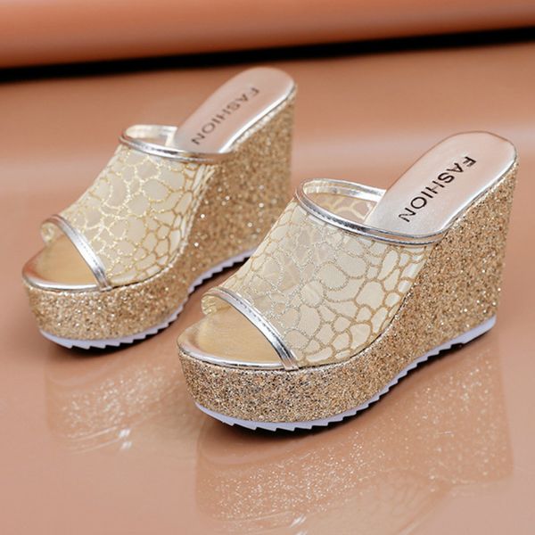 

bling golden women slippers summer shoes platform(4cm) outside fitting-room 11cm high heels wedges solid mesh female slides 220422, Black