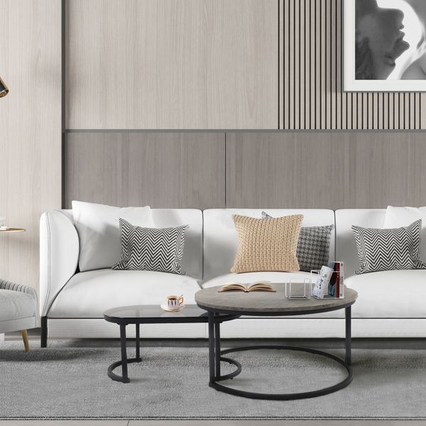 

home furniture modern glass mdf nesting table set gray and black