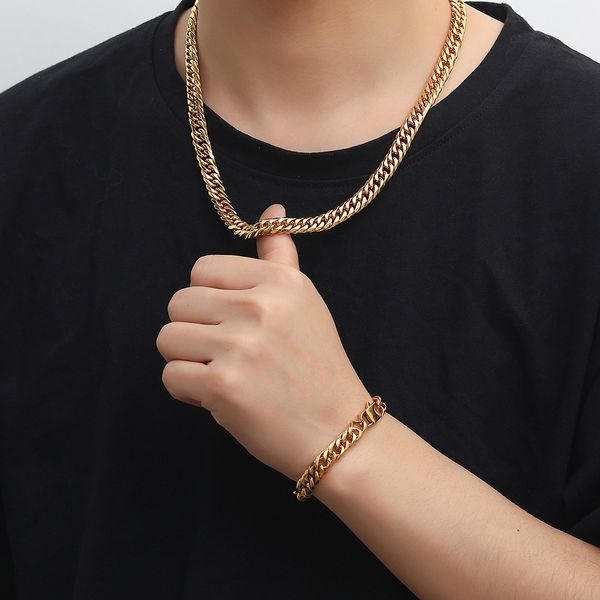 

cuban link chain necklace bracelet set heavy 18k real gold plated stainless steel metal necklace for men fashion jewelry, Silver