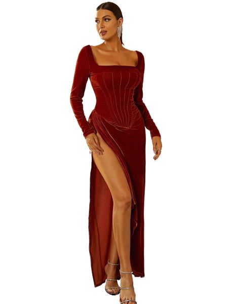 

missord square neck slit thigh asymmetrical hem velvet dress d6s0#, Black;gray