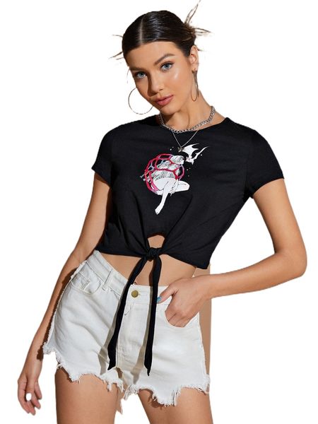 

x loputyn bat & figure graphic knot hem crop tee r71y#, White