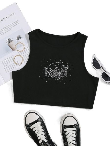 

rhinestone letter pattern crop tank l2am#, White