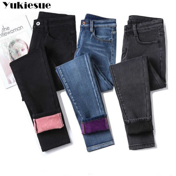 

winter warm jeans woman high waist casual velvet ladies trousers female pantalon denim jeans for women pants plus size 40 210608, Blue
