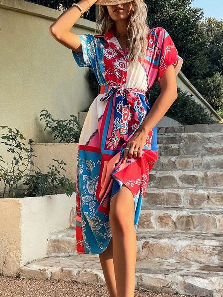 

floral & paisley print half button belted shirt dress w6il#, Black;gray