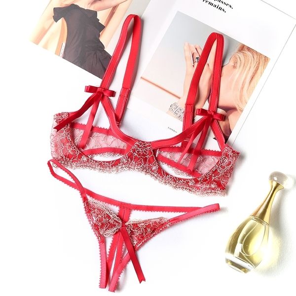 

for women lingerie lace push up underwire open bra and tanga suit embroidery floral female intimates thong bra set y200415, Red;black