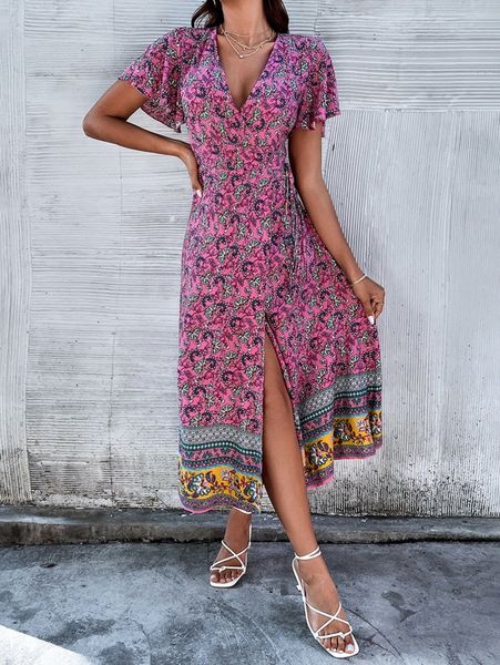 

floral print flutter sleeve wrap belted dress v6u2#, Black;gray