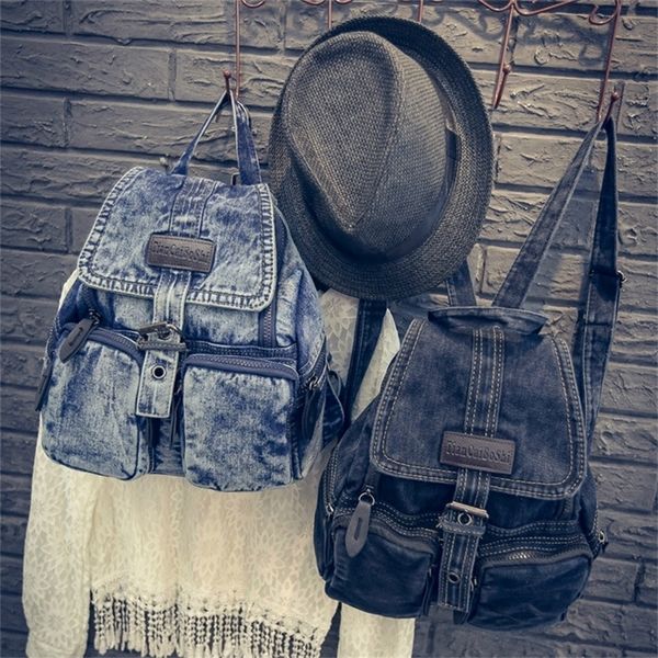 

school bags women fashion washed retro student school bag denim backpack 220823
