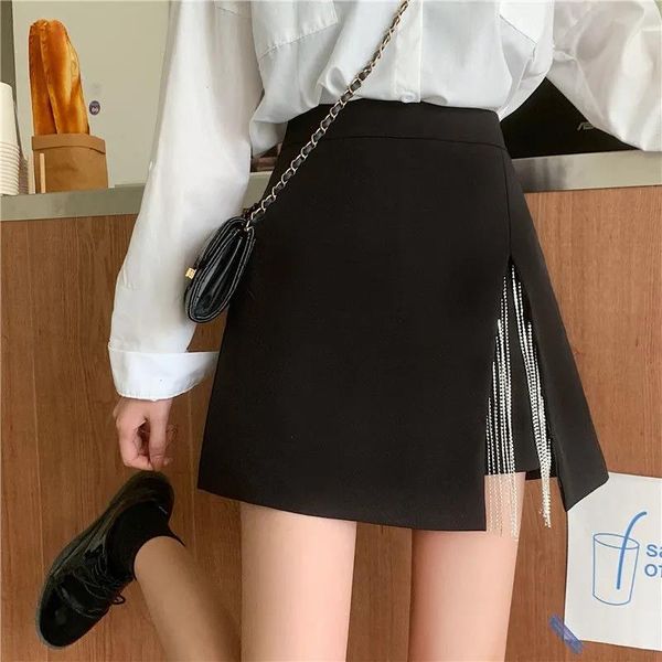 

streetwear chain tassel mini skirt with slit korean tide chic rhinestone high waist shorts white black summer women