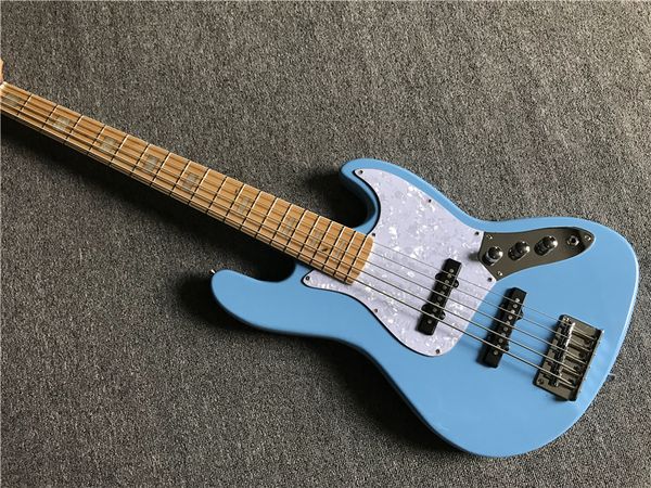 

blue body 5 strings electric bass guitar with white pearl inlay,white pickguard,chrome hardware,provide customized services