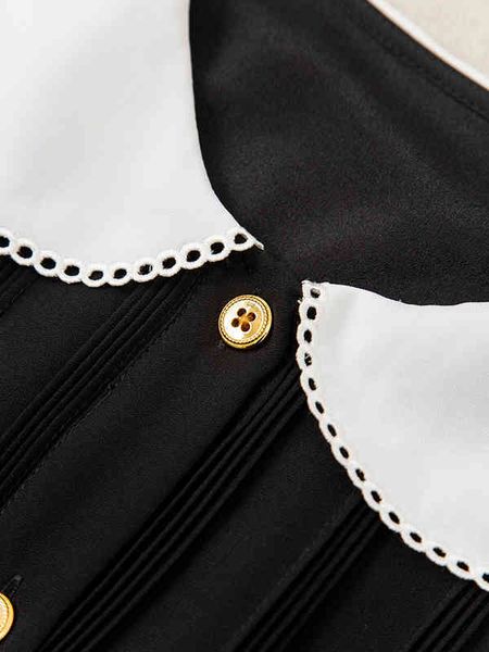 

casual dresses miu family baby collar french bubble sleeve silk mixed dress women's summer thin high-end big brand a-line skirt, Black;gray