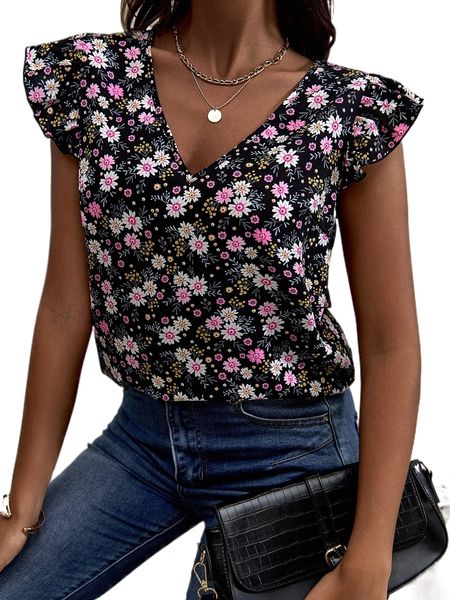 

floral print ruffle sleeve blouse u5m1#, White