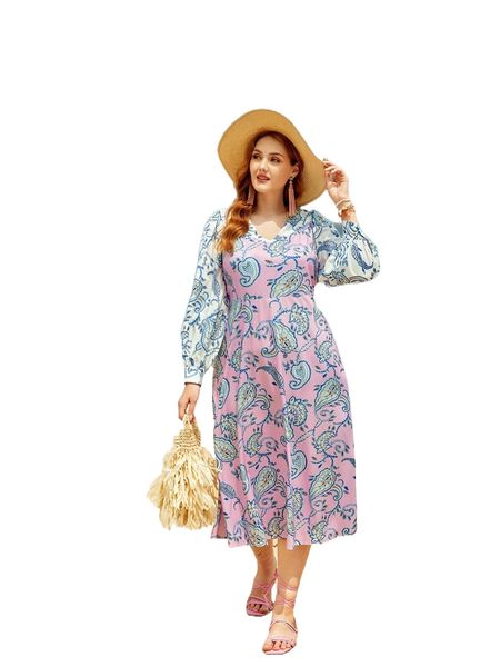 

plus paisley print lantern sleeve dress z3bx#, Black
