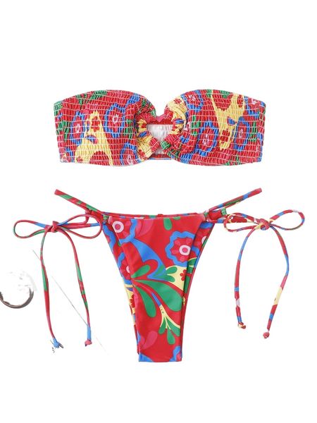 

floral print smocked heart ring linked tie side bikini swimsuit 93a0#, White;black