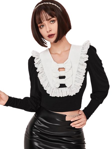 

bow and ruffle detail statement collar crop tee a5be#, White