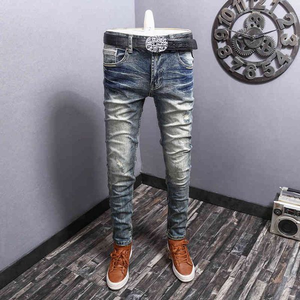 

men's jeans fashion jeans men's straight slim fit tattered personality vintage youth trend pants 0k8e, Blue