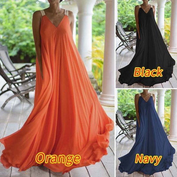 

women dress loose sleeveless es v neck sling long black party black blue orange 220521, Black;gray