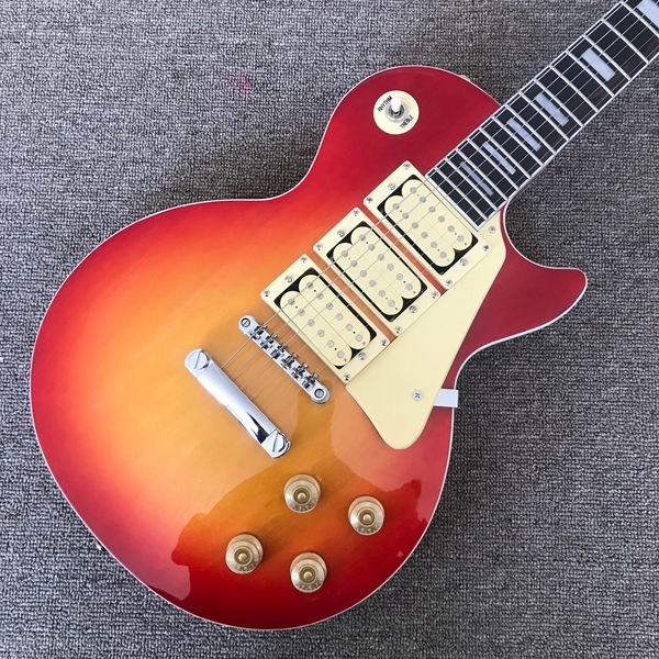 

custom lp electric guitar, chrome hardware, 3 pickups, cherry burst color, rosewood fingerboard, solid mahogany body guitar