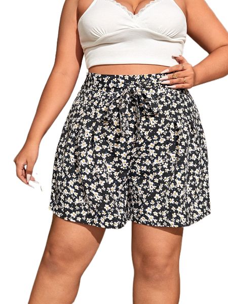 

plus floral knot front shorts i78a#, Black