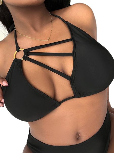 

plus o-ring cut out halter triangle bikini t6je#, Black