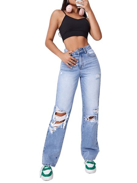 

high waist cut out ripped straight leg jeans 70fq#, Blue