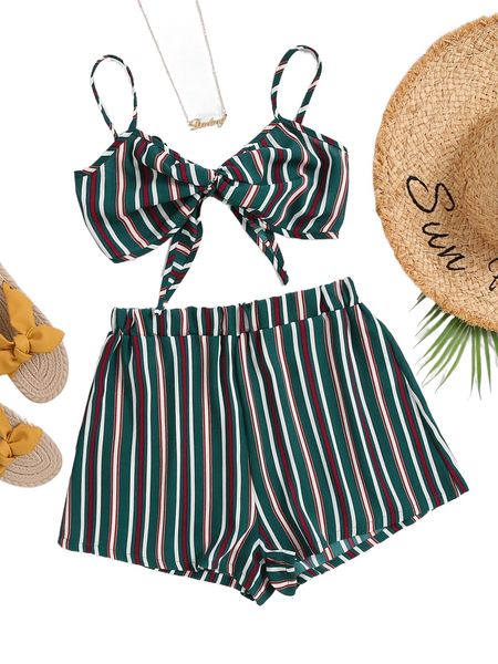 

vertical striped tie back cami & shorts 56gj#, White