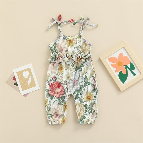 

citgeett summer born baby girls flower print sleeveless bowknot button playsuit casual clothes 220527, Blue