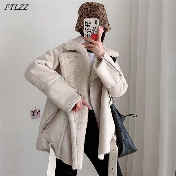 

ftlzz winter women jacket faux leather fur splicing leather coat stand collar thickness overcoat female loose snow warm outwear 220815, Black