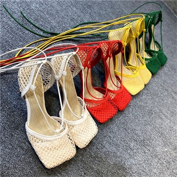 

women sandals hollow breathable mesh square toe stiletto high heels women ankle lace-up elegant dress shoes large size 43 pumps 220406, Black