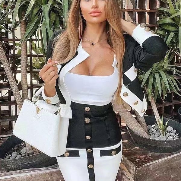 

ailigou summer chic color block button design two pieces set celebrity party club bandage suit 220513, White;black