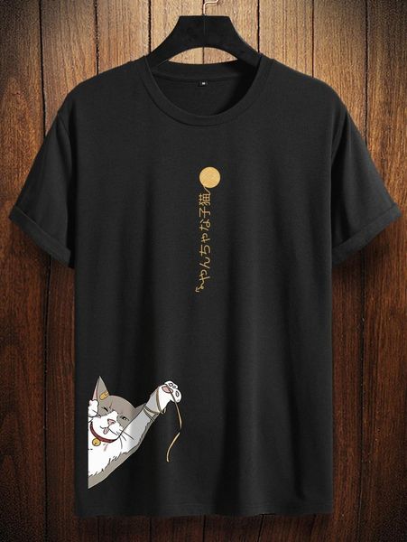 

men cat & japanese letter graphic tee o34h#, White;black