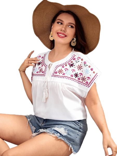 

plus tie neck floral embroidery blouse l5ux#, Black