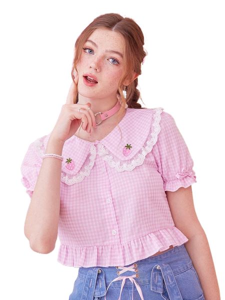 

romwe gingham strawberry embroidery statement collar blouse c5jt#, White