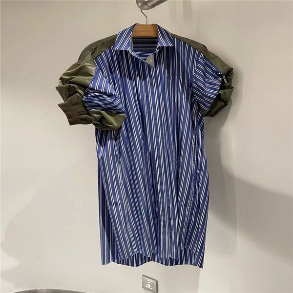 

casual dresses vertical stripe stitching army green medium length sleeve shirt dress short front and long back loose versatile skirt, Black;gray