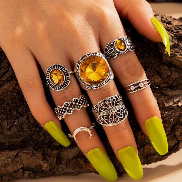 

cluster rings vintage clear crystal stone moon ring sets for women men carve flowers geometric joint jewelry anillo 16990, Golden;silver