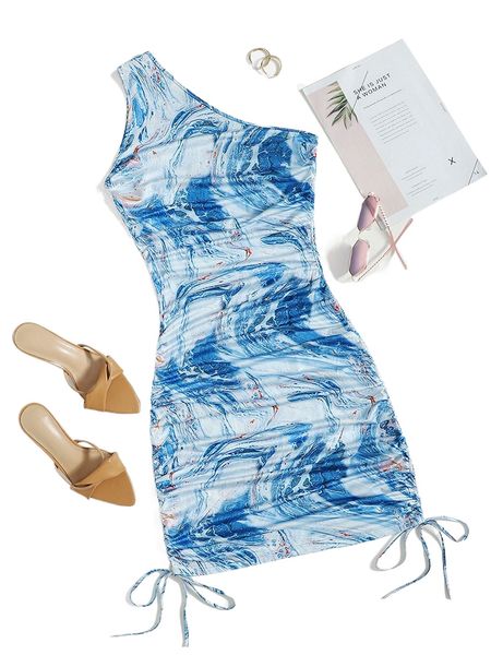 

marble print one shoulder drawstring ruched dress w0aj#, Black;gray