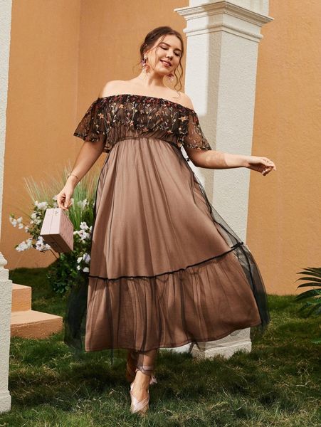 

plus off shoulder embroidery mesh overlay dress h2ib#, Black