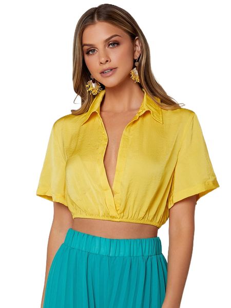 

plunging neck tie back crop blouse f9pb#, White