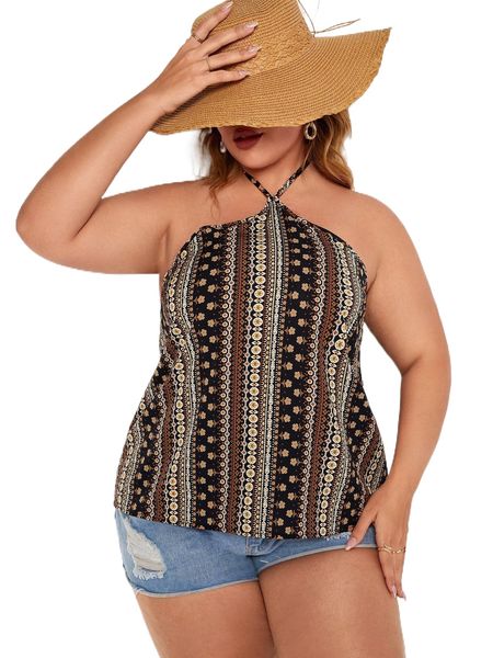 

plus floral & geo print backless halter u839#, Black