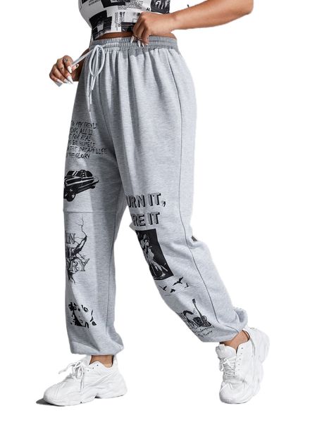 

plus slogan & figure graphic drawstring waist sweatpants a9ft#, Black