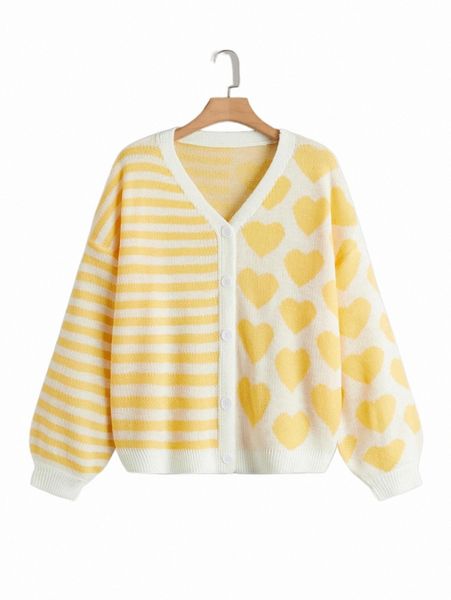 

plus striped & heart pattern drop shoulder cardigan r0lv#, Black