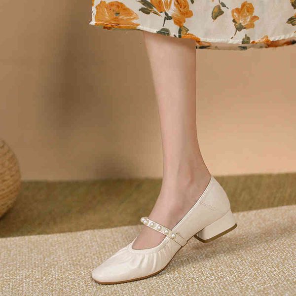 

sandals french style square head grandma shoes soft sole shallow mouth pearl single middle heel leather skirt oymu, Black