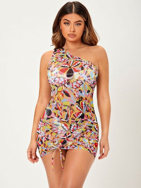 

allover floral print drawstring one shoulder cover up y1la#, White;black