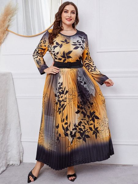 

plus plant print pleated belted dress x7jv#, Black