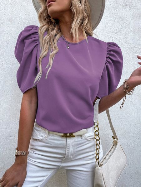 

puff sleeve solid blouse p3tf#, White