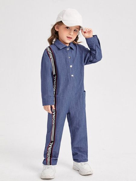 

toddler girls letter tape dual pocket half button jumpsuit she, Blue