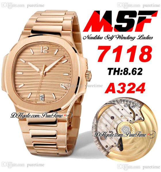 

msf 7118 a324 automatic ladies womens watch rose gold champagne textured dial stainless steel bracelet super edition watches puretime f6, Slivery;brown