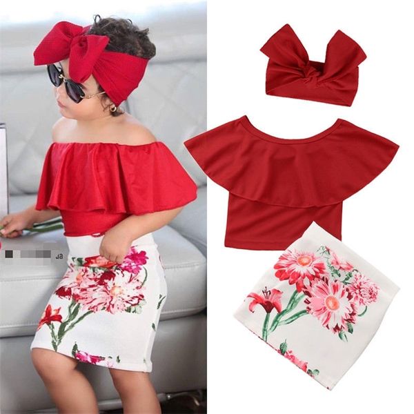 3pcs Güzel Çocuk Çocuk Giysileri Set Küçük Kızlar Kırmızı Çırpma Omuz Kapalı Üstler Çiçek Etek Kafa Kıyafet Giysileri Setleri 220620