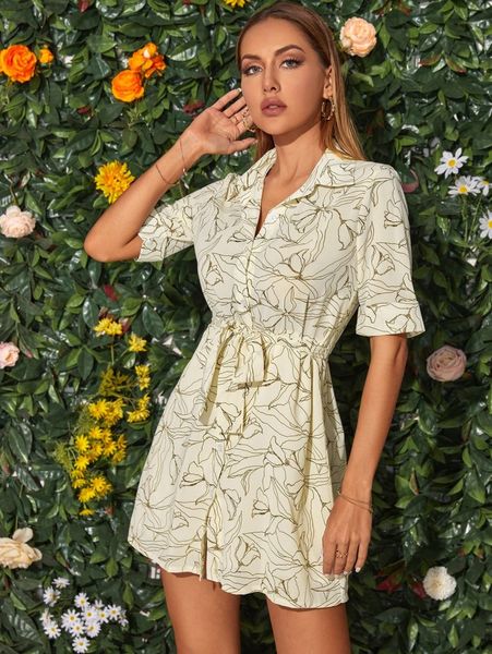 

floral print belted shirt dress 72x3#, Black;gray
